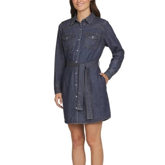 NEW Wrangler Women's L Chambray Dress Shirt Knee Belted Long Sleeve Button up - Picture 1 of 9